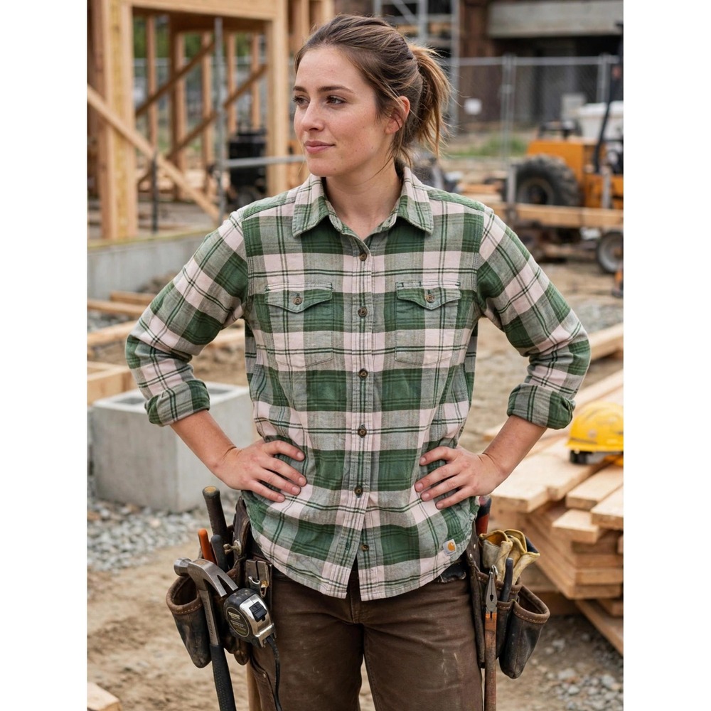 Carhartt Women's S 4/6 Green Plaid Flannel Button Up Shirt Long Sleeve Cotton - Picture 1 of 7